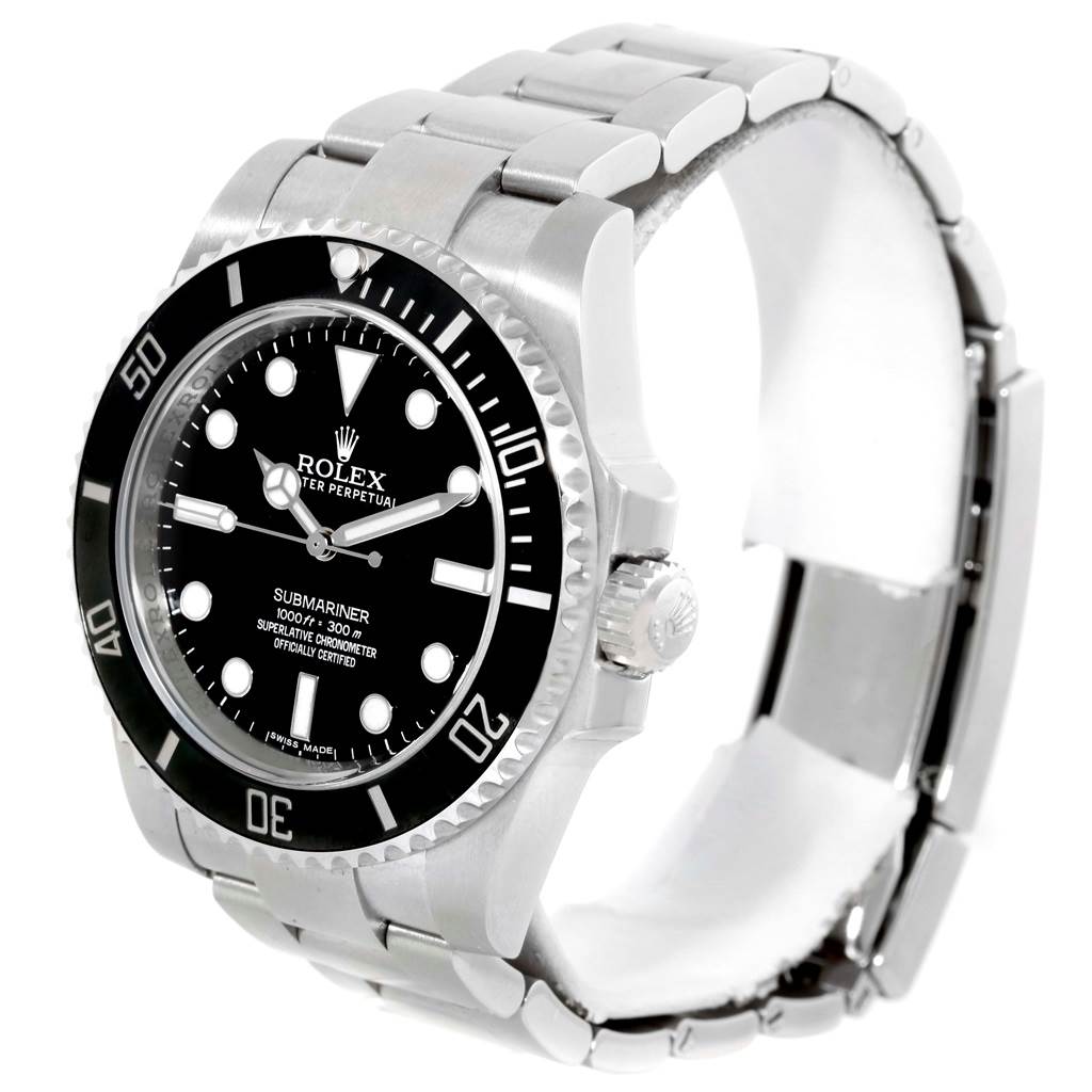 The image shows a Rolex Submariner 114060 Men's Stainless Steel Black Dial 114060 Men's Stainless Steel Black Dial watch angled from the front-right, highlighting its black dial, bezel, and stainless steel bracelet.