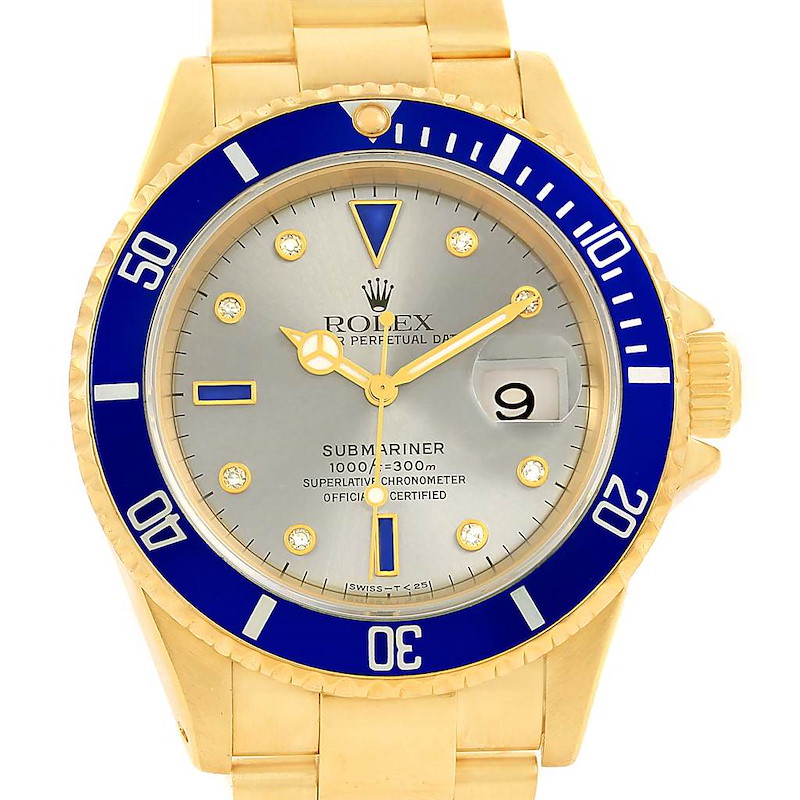 Rolex Submariner Yellow Gold Slate Diamond Sapphire Dial Watch 16618 SwissWatchExpo