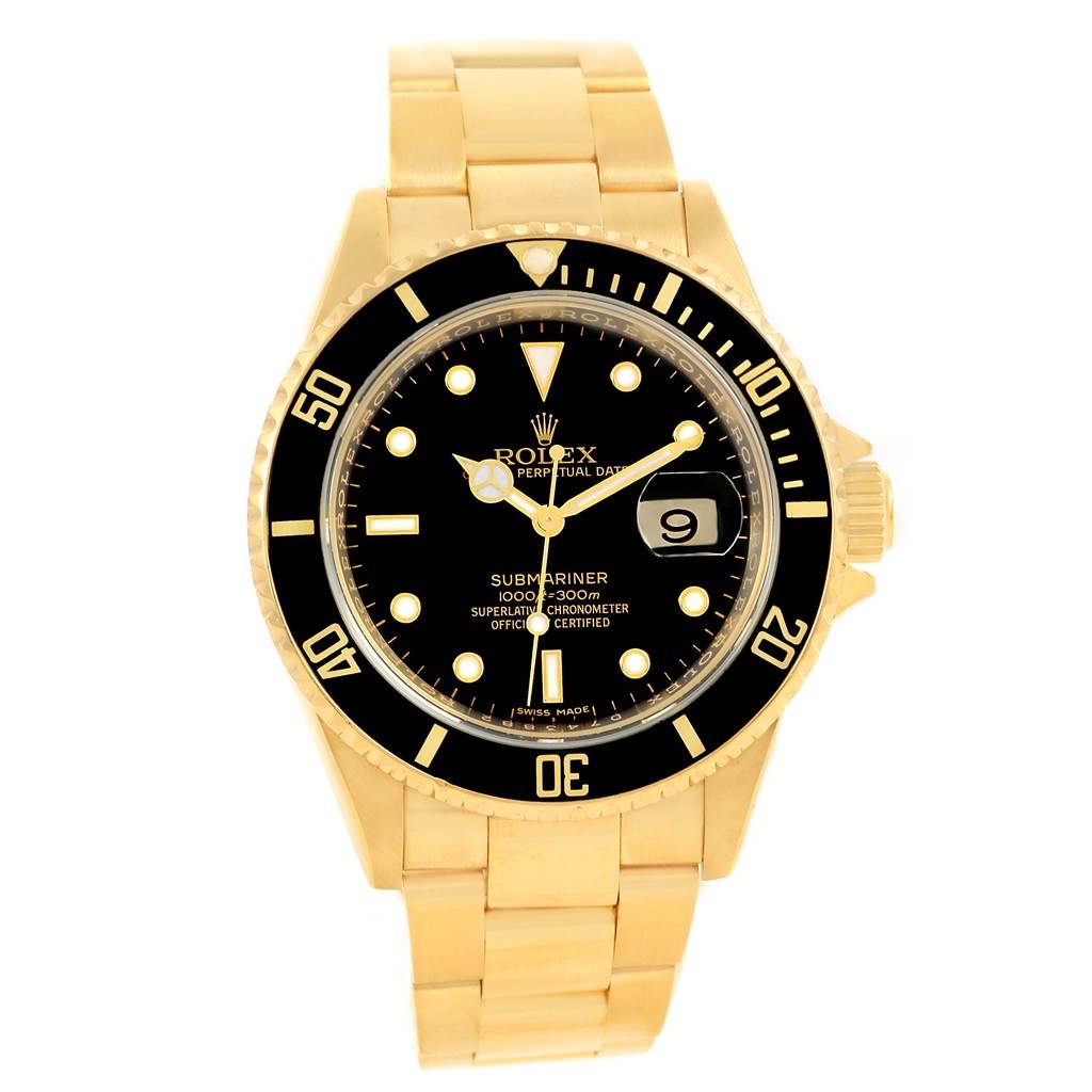 The image shows a front view of a Rolex Submariner 16618 Men's Yellow Gold Black Dial 16618 Men's Yellow Gold Black Dial watch, highlighting its dial, bezel, and bracelet.