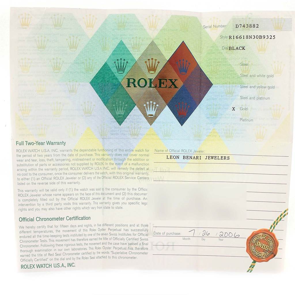 The image shows the warranty and chronometer certification card for a Rolex Submariner 16618 Men's Yellow Gold Black Dial 16618 Men's Yellow Gold Black Dial watch, with detailed purchase information.