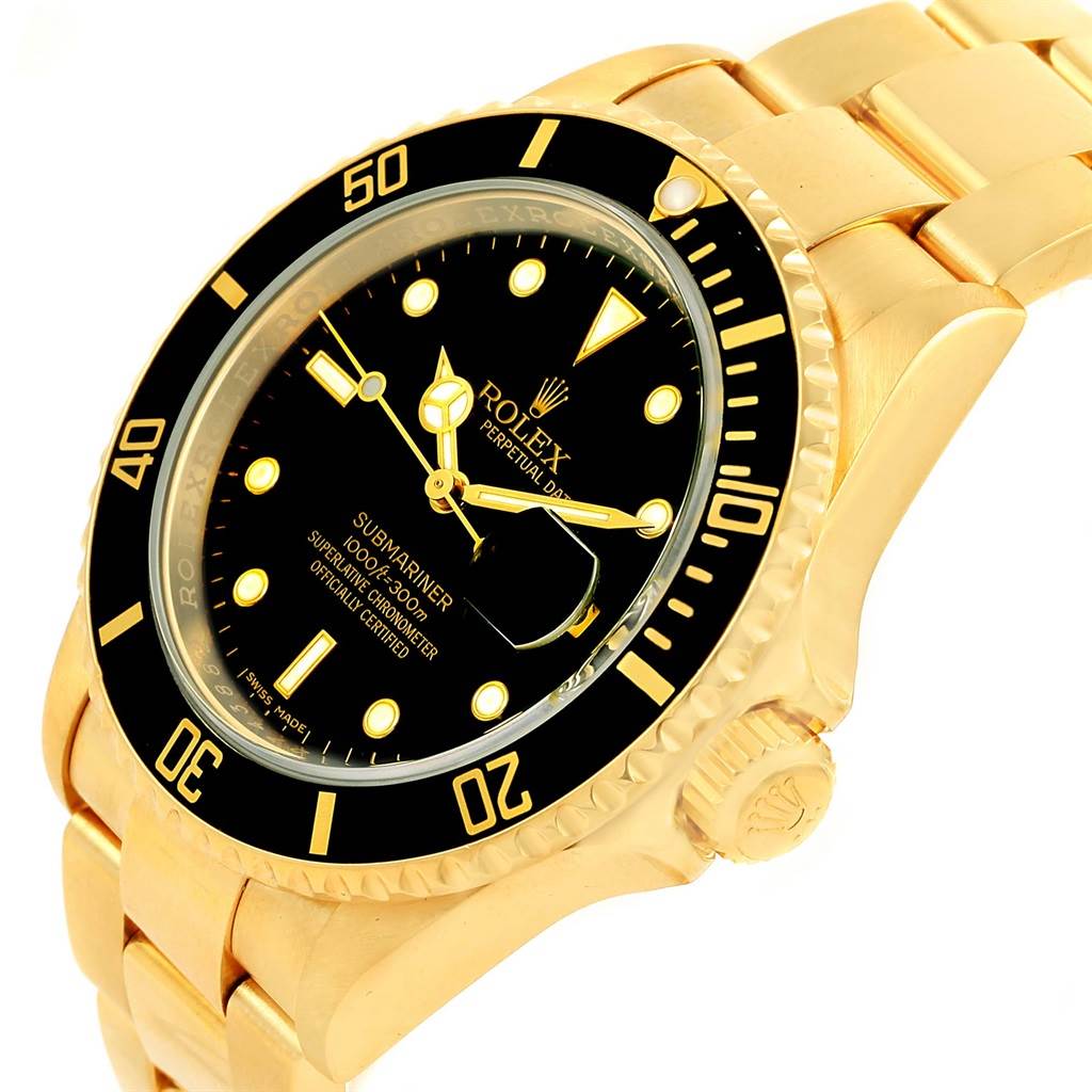 The image displays a Rolex Submariner 16618 Men's Yellow Gold Black Dial 16618 Men's Yellow Gold Black Dial watch at an oblique angle, highlighting its gold bracelet and black dial with luminous markers.
