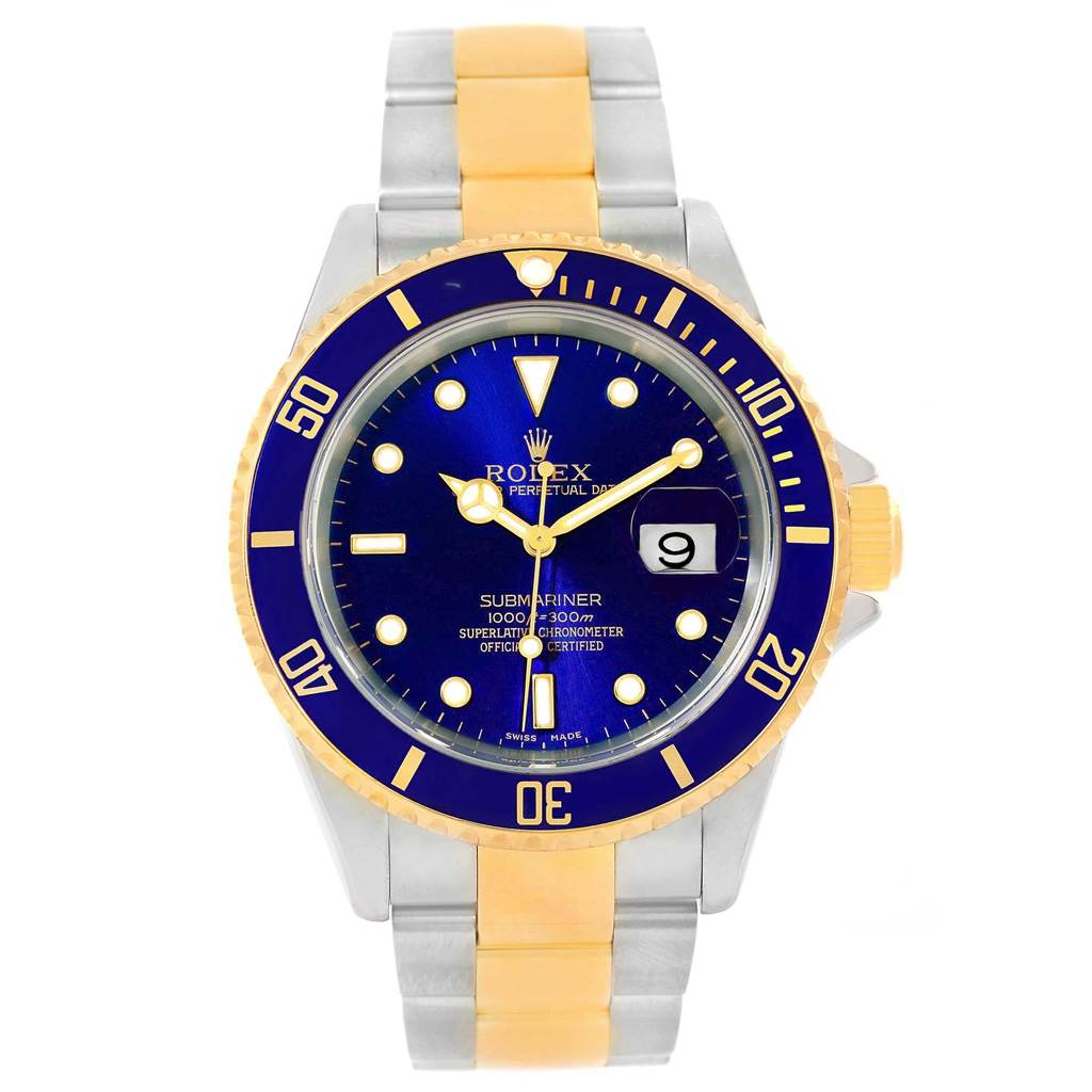 This is a front view of a Rolex Submariner 16613 Men's Steel and Gold (two tone) Blue Dial 16613 Men's Steel and Gold (two tone) Blue Dial, showing the face, bezel, and part of the bracelet.