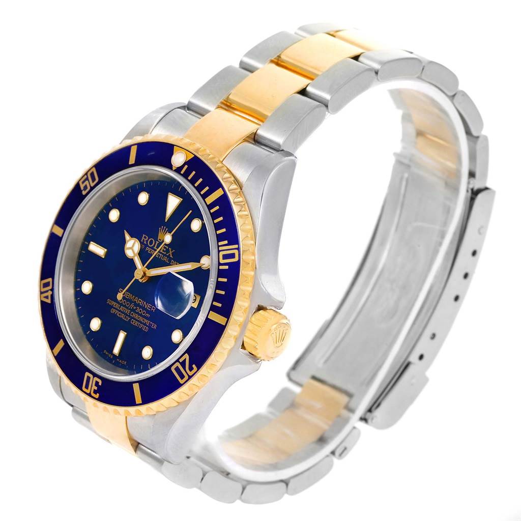 The image shows a Rolex Submariner 16613 Men's Steel and Gold (two tone) Blue Dial 16613 Men's Steel and Gold (two tone) Blue Dial watch angled from the side, highlighting the face, bezel, crown, and bracelet.