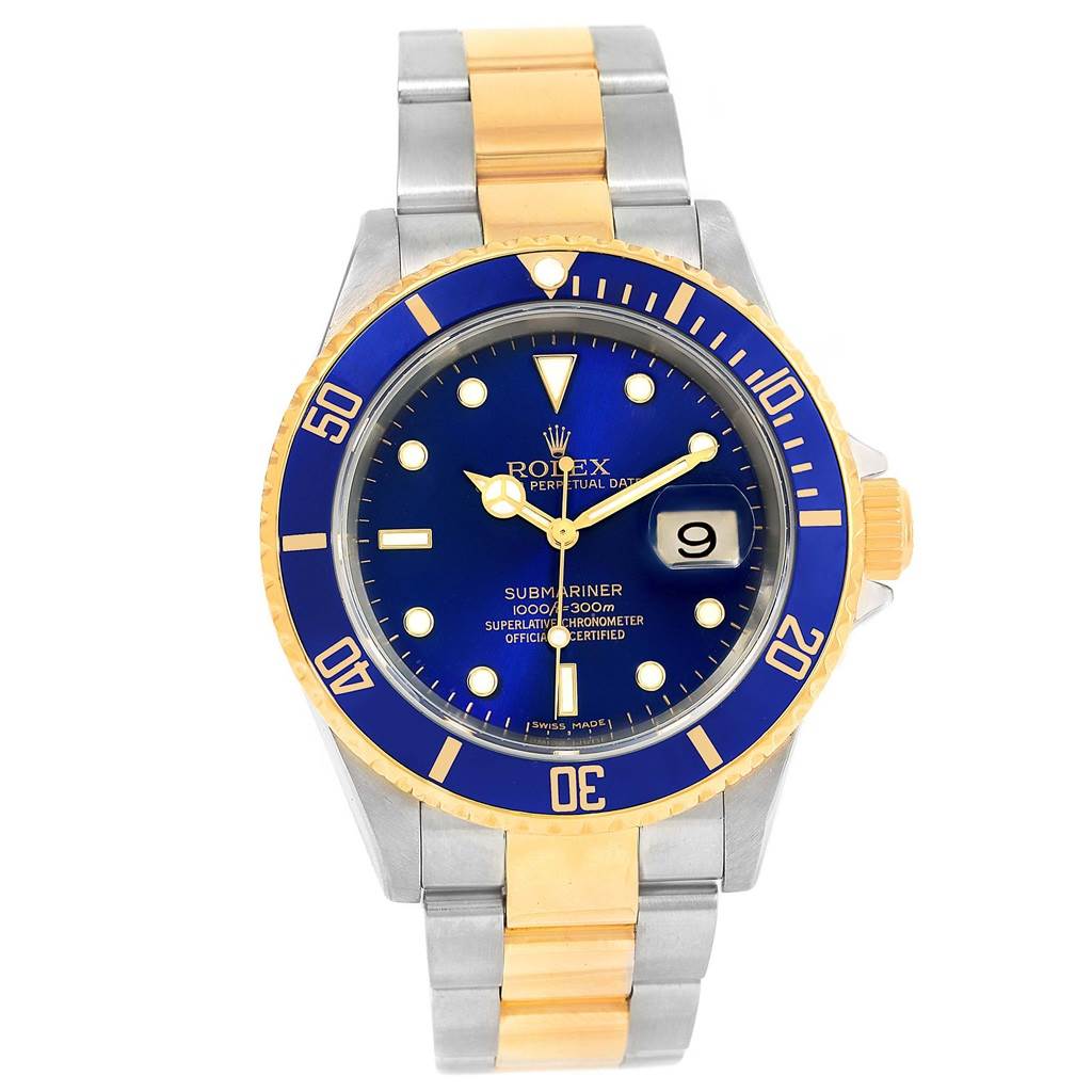 The image shows a frontal view of a Rolex Submariner 16613 Men's Steel and Gold (two tone) Blue Dial 16613 Men's Steel and Gold (two tone) Blue Dial watch, highlighting its blue dial, bezel, and two-tone metal bracelet.