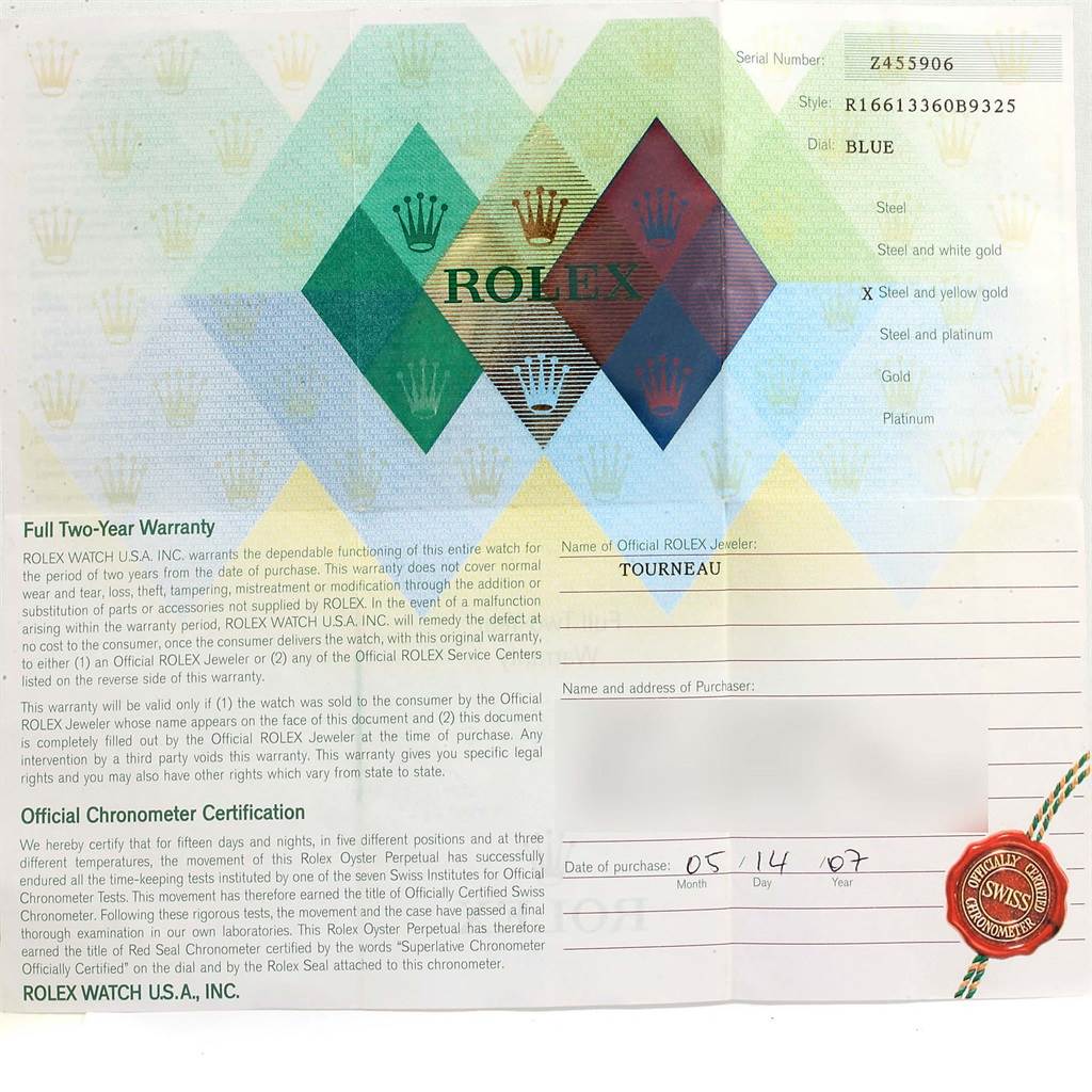 This image shows a warranty card and chronometer certification document for a Rolex Submariner 16613 Men's Steel and Gold (two tone) Blue Dial 16613 Men's Steel and Gold (two tone) Blue Dial watch.