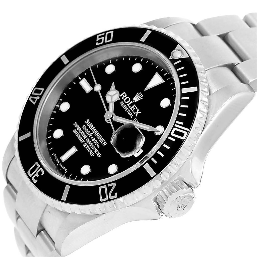 The image shows a close-up angle of a Rolex Submariner 16610 Men's Stainless Steel Black Dial 16610 Men's Stainless Steel Black Dial watch, highlighting its dial, bezel, and part of the bracelet.