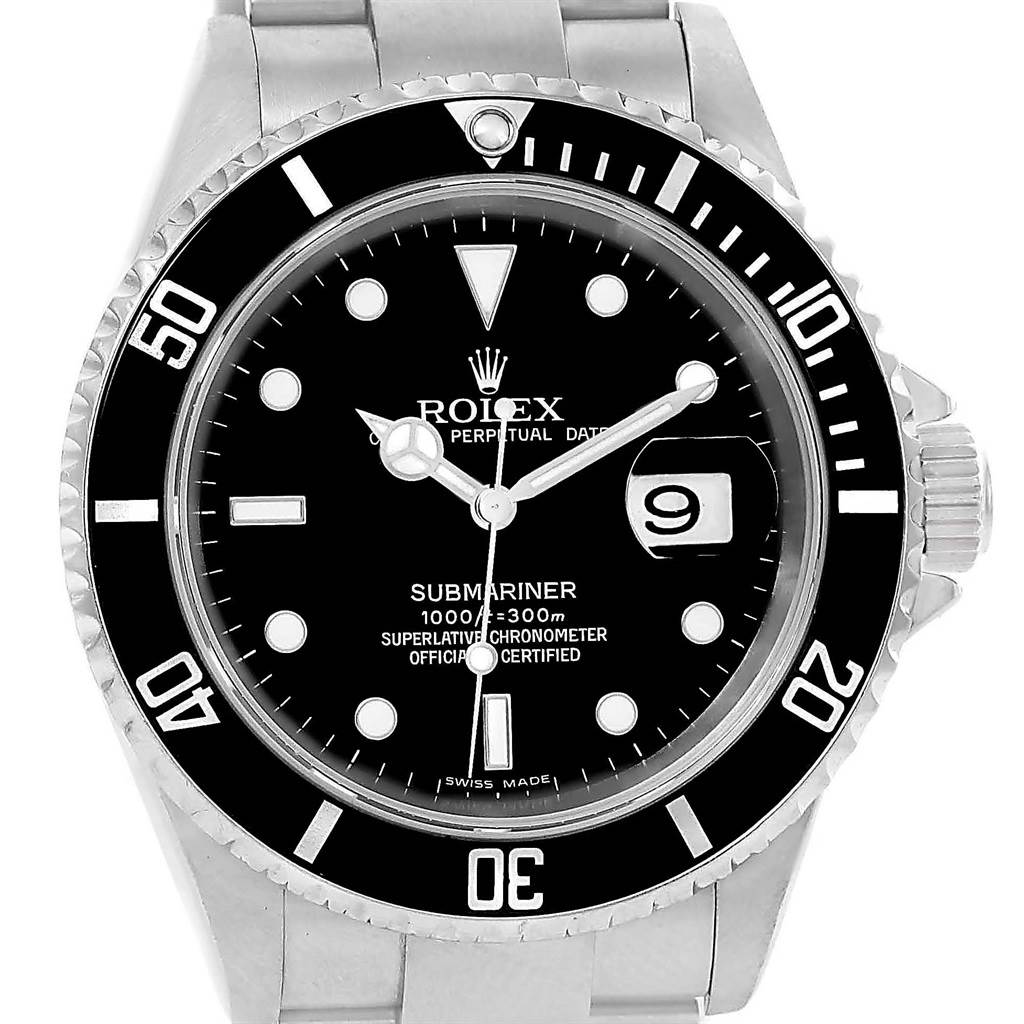 The image shows a front view of the Rolex Submariner 16610 Men's Stainless Steel Black Dial 16610 Men's Stainless Steel Black Dial watch, featuring the black dial, rotating bezel, and stainless steel bracelet.