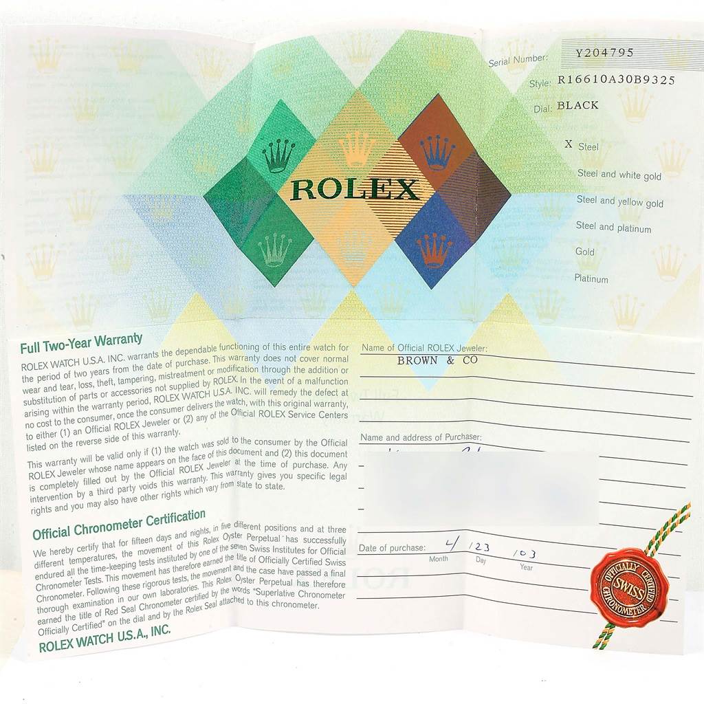 The image shows the warranty and official paperwork for a Rolex Submariner 16610 Men's Stainless Steel Black Dial 16610 Men's Stainless Steel Black Dial watch model.