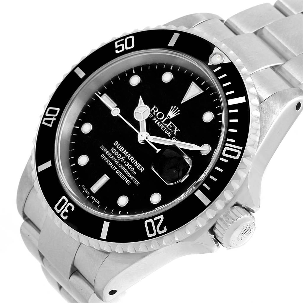 The image shows a Rolex Submariner 16610 Men's Stainless Steel Black Dial 16610 Men's Stainless Steel Black Dial watch at an angled close-up, highlighting the dial, bezel, crown, and a portion of the bracelet.