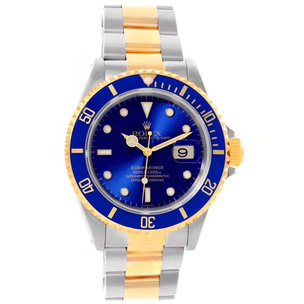 This image shows a front view of a Rolex Submariner 16613 Men's Steel and Gold (two tone) Blue Dial 16613 Men's Steel and Gold (two tone) Blue Dial watch with a blue dial, two-tone bracelet, and a date window at 3 o'clock.