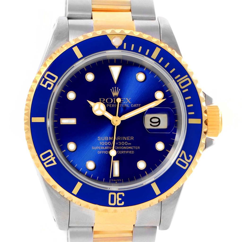 The image shows a front view of a Rolex Submariner 16613 Men's Steel and Gold (two tone) Blue Dial 16613 Men's Steel and Gold (two tone) Blue Dial watch, highlighting the blue dial, bezel, and bi-tone bracelet.