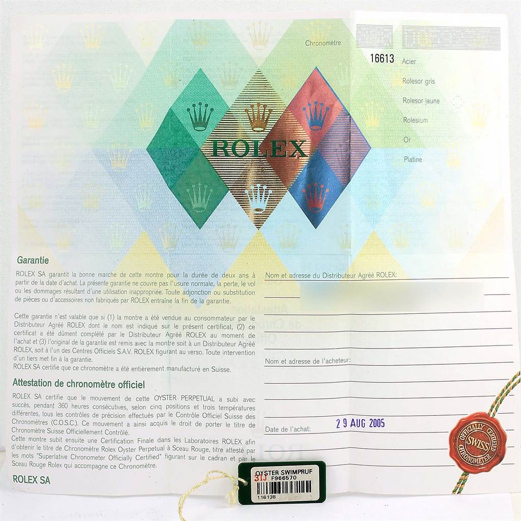 This image shows the warranty and certification papers for the Rolex Submariner 16613 Men's Steel and Gold (two tone) Blue Dial 16613 Men's Steel and Gold (two tone) Blue Dial model, including a red seal and tag.