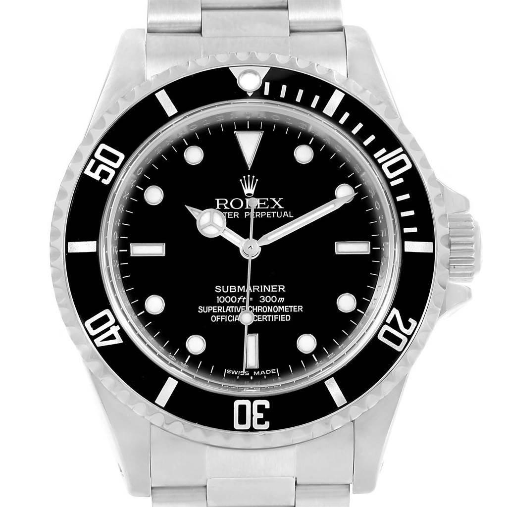 This image shows a front view of a Rolex Submariner 14060 Men's Stainless Steel Black Dial 14060 Men's Stainless Steel Black Dial watch, displaying the dial, bezel, crown, and part of the bracelet.