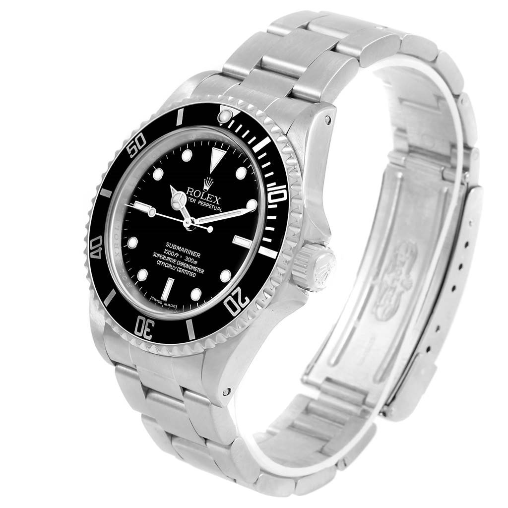 This image shows a Rolex Submariner 14060 Men's Stainless Steel Black Dial 14060 Men's Stainless Steel Black Dial watch at a three-quarter angle, highlighting its black dial, bezel, and stainless steel bracelet.