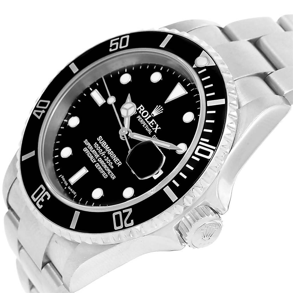 The image shows a Rolex Submariner 16610 Men's Stainless Steel Black Dial 16610 Men's Stainless Steel Black Dial watch angled from the right side, highlighting the bezel, crown, and bracelet.