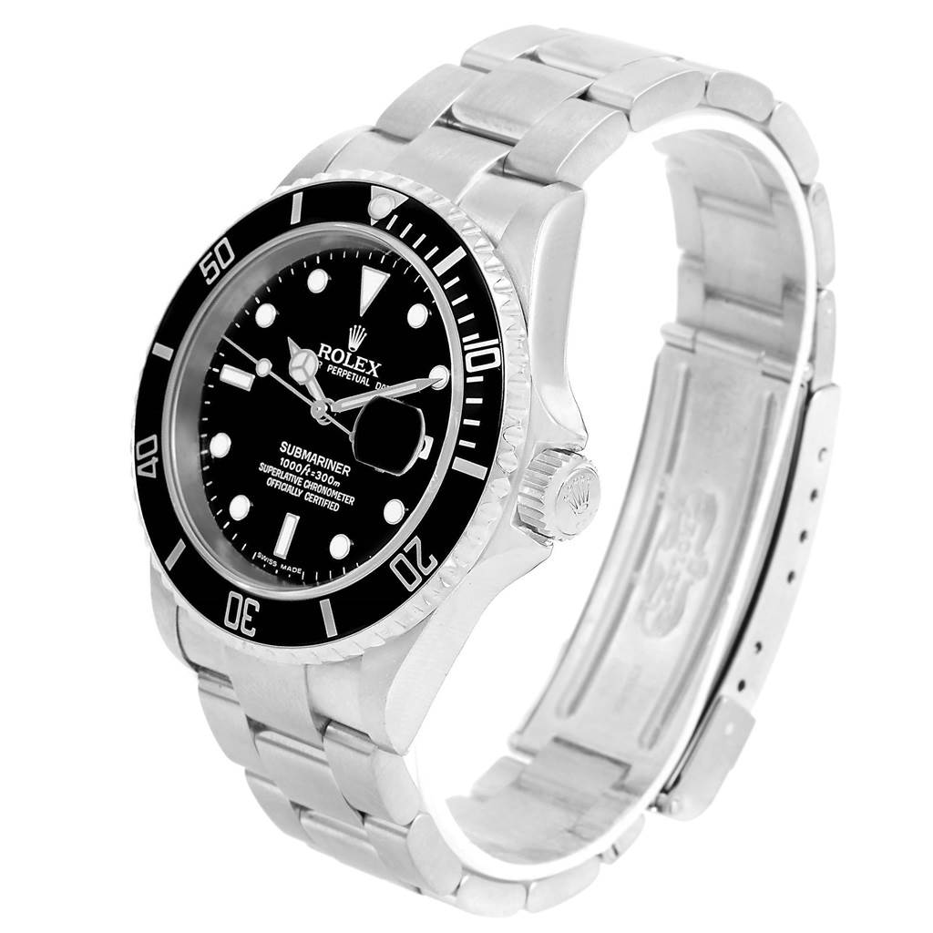 The image shows a Rolex Submariner 16610 Men's Stainless Steel Black Dial 16610 Men's Stainless Steel Black Dial watch from a side angle, highlighting the dial, bezel, crown, and bracelet.