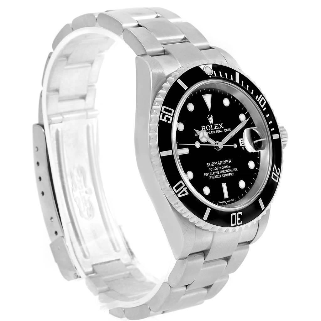 This image shows a side angle of a Rolex Submariner 16610 Men's Stainless Steel Black Dial 16610 Men's Stainless Steel Black Dial watch, highlighting the bezel, dial, and bracelet.