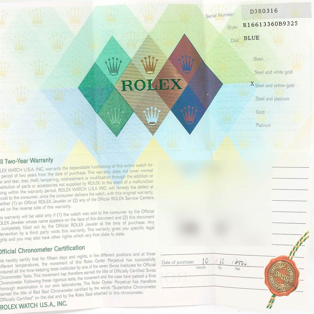 This image shows the warranty certificate for a Rolex Submariner 16613 Men's Steel and Gold (two tone) Blue Dial 16613 Men's Steel and Gold (two tone) Blue Dial watch, including its serial number, style, and purchase date.