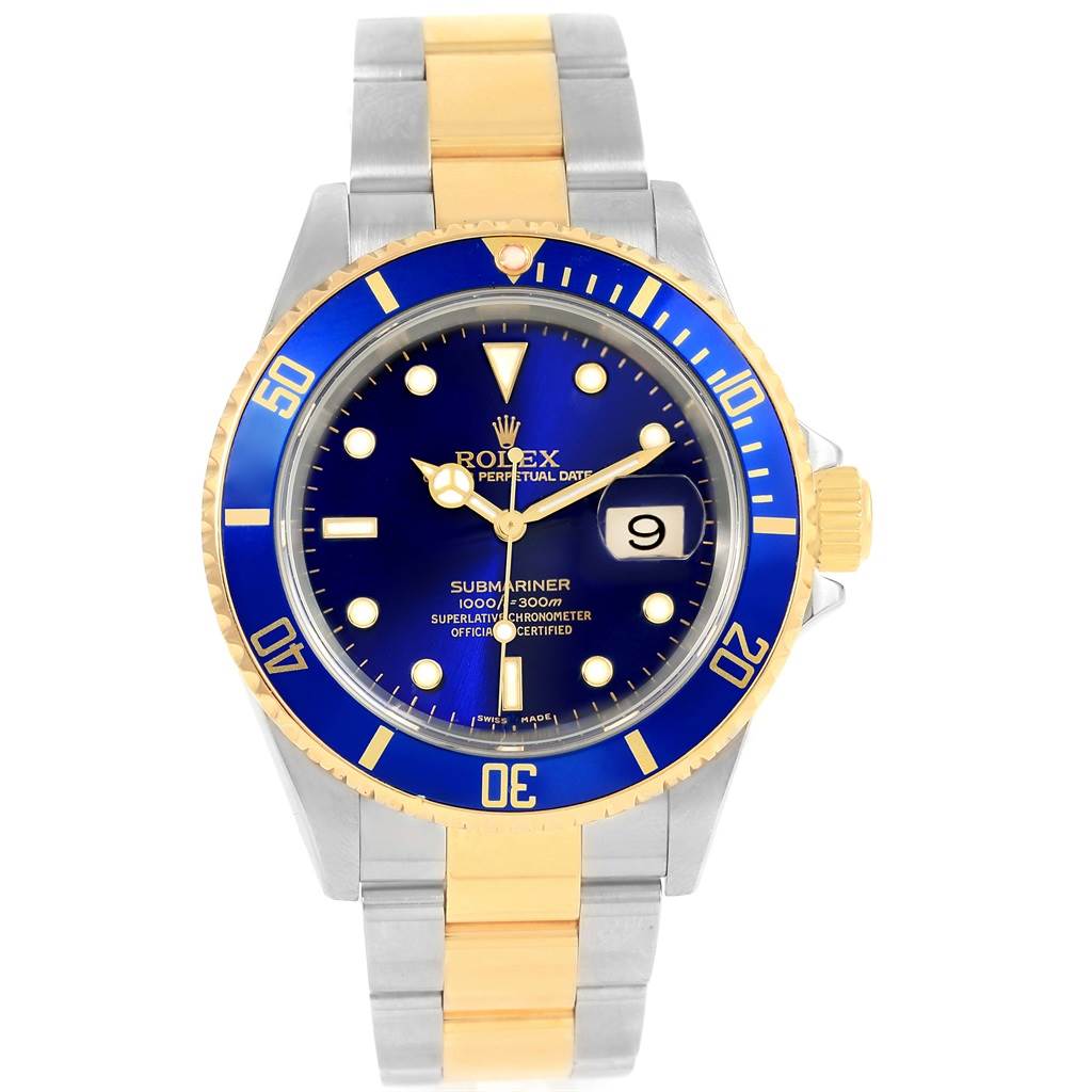 This image shows a front view displaying the dial, bezel, and part of the bracelet of the Rolex Submariner 16613 Men's Steel and Gold (two tone) Blue Dial 16613 Men's Steel and Gold (two tone) Blue Dial watch.