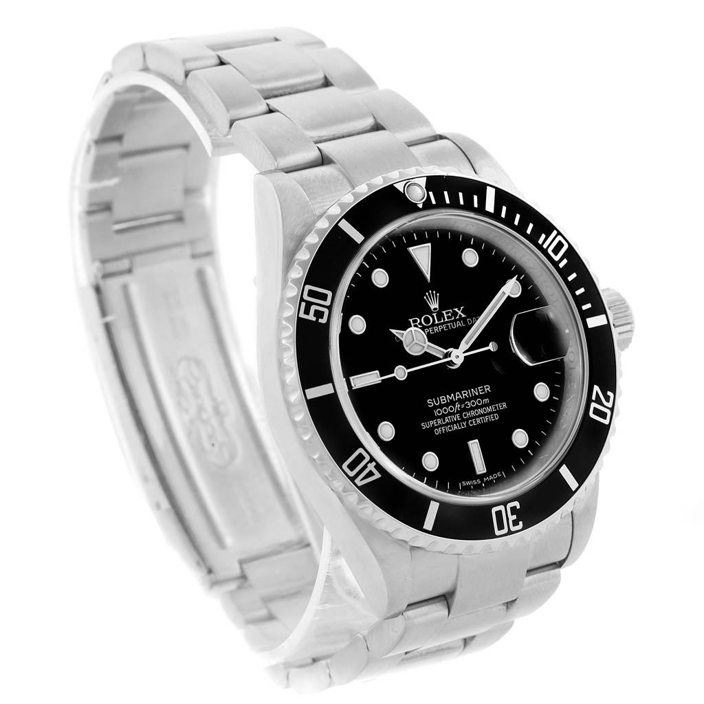 The Rolex Submariner 16610 Men's Stainless Steel Black Dial 16610 Men's Stainless Steel Black Dial watch is shown at a three-quarter angle displaying the face, bezel, and bracelet.