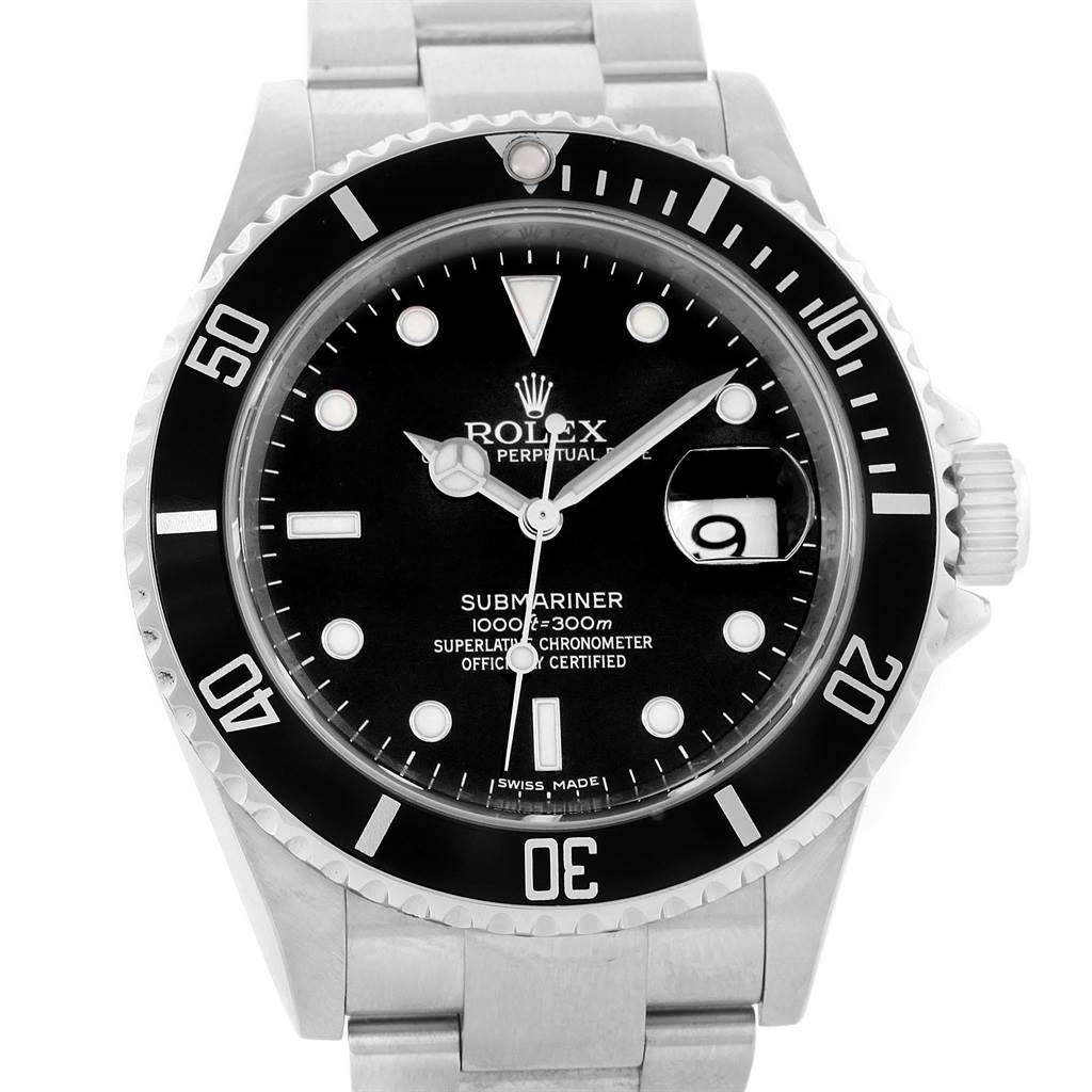This image shows the front view of a Rolex Submariner 16610 Men's Stainless Steel Black Dial 16610 Men's Stainless Steel Black Dial watch, highlighting its dial, bezel, and bracelet.