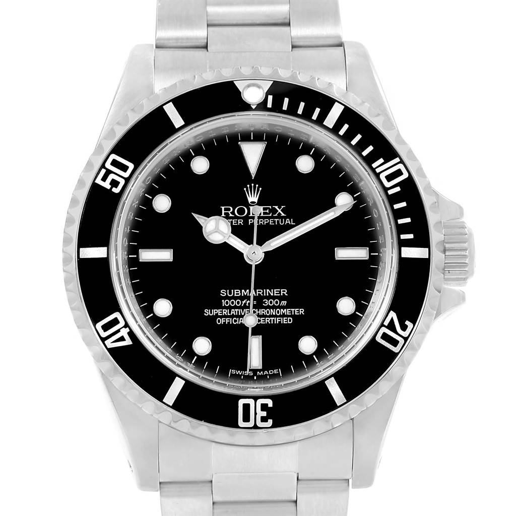 The image shows a front view of the Rolex Submariner 14060 Men's Stainless Steel Black Dial 14060 Men's Stainless Steel Black Dial watch, highlighting its black dial, bezel, and steel bracelet.
