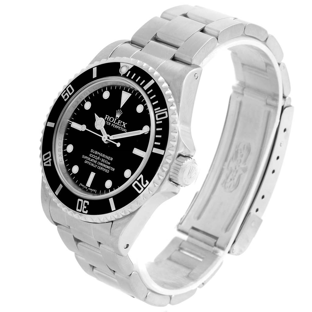 The image shows a Rolex Submariner 14060 Men's Stainless Steel Black Dial 14060 Men's Stainless Steel Black Dial watch at an angle displaying the watch face, bezel, crown, and full bracelet.