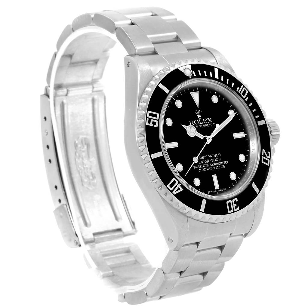 The image shows a side angle of the Rolex Submariner 14060 Men's Stainless Steel Black Dial 14060 Men's Stainless Steel Black Dial watch, displaying its bezel, dial, and partially open bracelet.