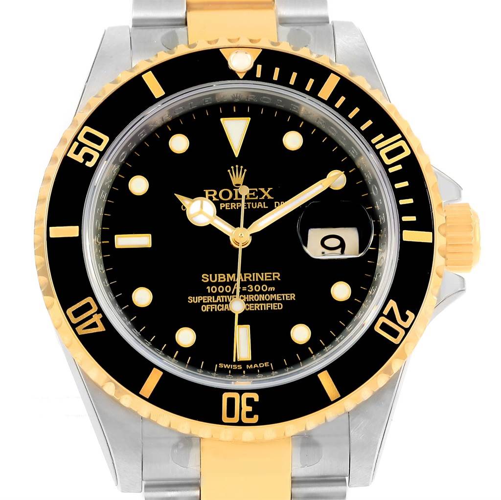 This image shows a front view of a Rolex Submariner 16613 Men
s Steel and Gold (two tone) Black Dial 16613 Men
s Steel and Gold (two tone) Black Dial watch, highlighting the dial, bezel, crown, and part of the bracelet.