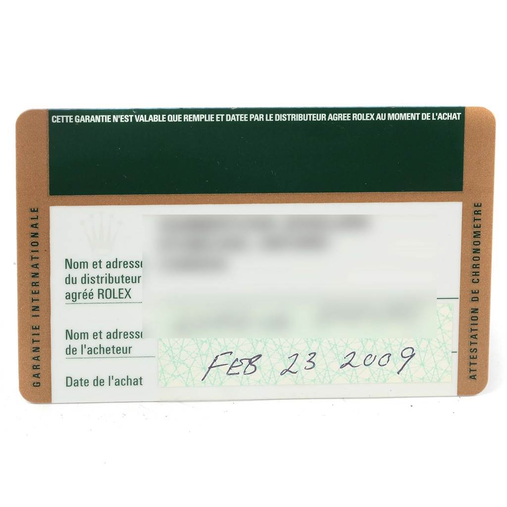 The image shows the guarantee card for a Rolex Submariner 16613 Men
s Steel and Gold (two tone) Black Dial 16613 Men
s Steel and Gold (two tone) Black Dial, including purchase details and authorization information.