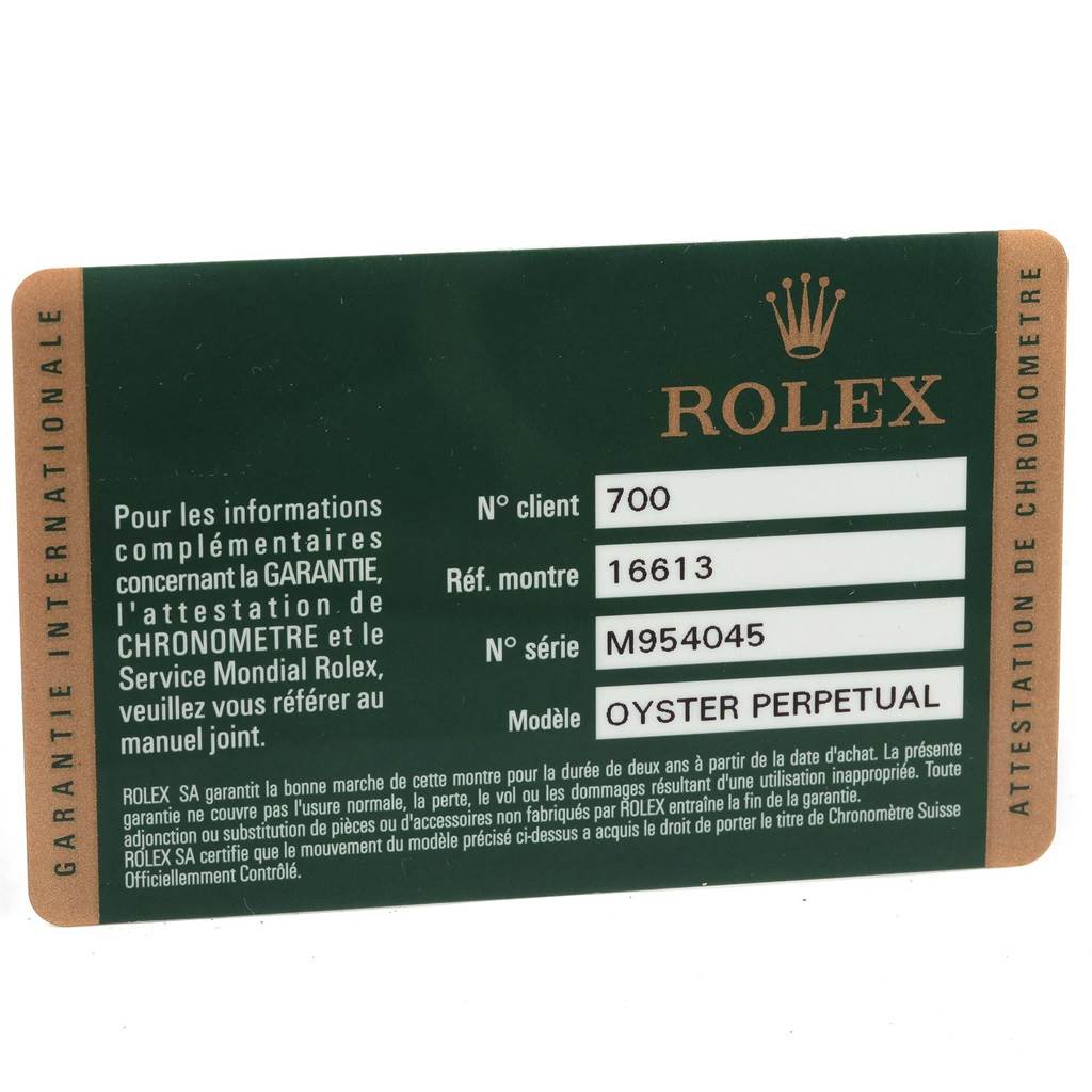 This is a close-up of the warranty card for a Rolex Submariner 16613 Men
s Steel and Gold (two tone) Black Dial 16613 Men
s Steel and Gold (two tone) Black Dial watch, displaying customer number, watch reference, serial number, and model information.