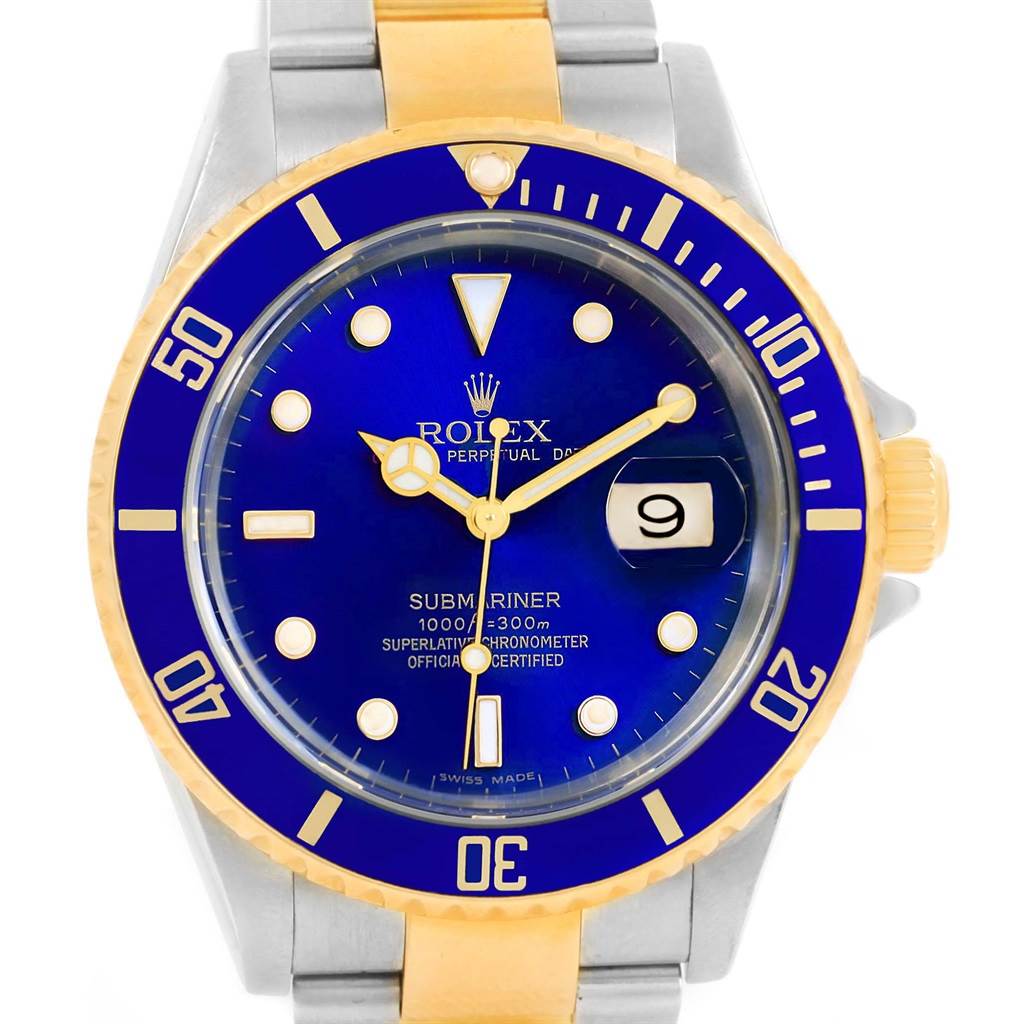 This image shows a front view of a Rolex Submariner 16613 Men
s Steel and Gold (two tone) Blue Dial 16613 Men
s Steel and Gold (two tone) Blue Dial watch featuring a blue dial, blue and gold bezel, and stainless steel and gold bracelet.