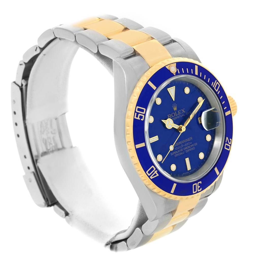 This image shows a side angle of a Rolex Submariner 16613 Men
s Steel and Gold (two tone) Blue Dial 16613 Men
s Steel and Gold (two tone) Blue Dial watch, highlighting the face, bezel, and two-tone bracelet.