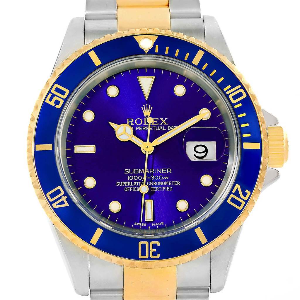 The image shows a front view of a Rolex Submariner 16613 Men's Steel and Gold (two tone) Blue Dial 16613 Men's Steel and Gold (two tone) Blue Dial watch, highlighting its blue dial, gold accents, and stainless steel and gold bracelet.