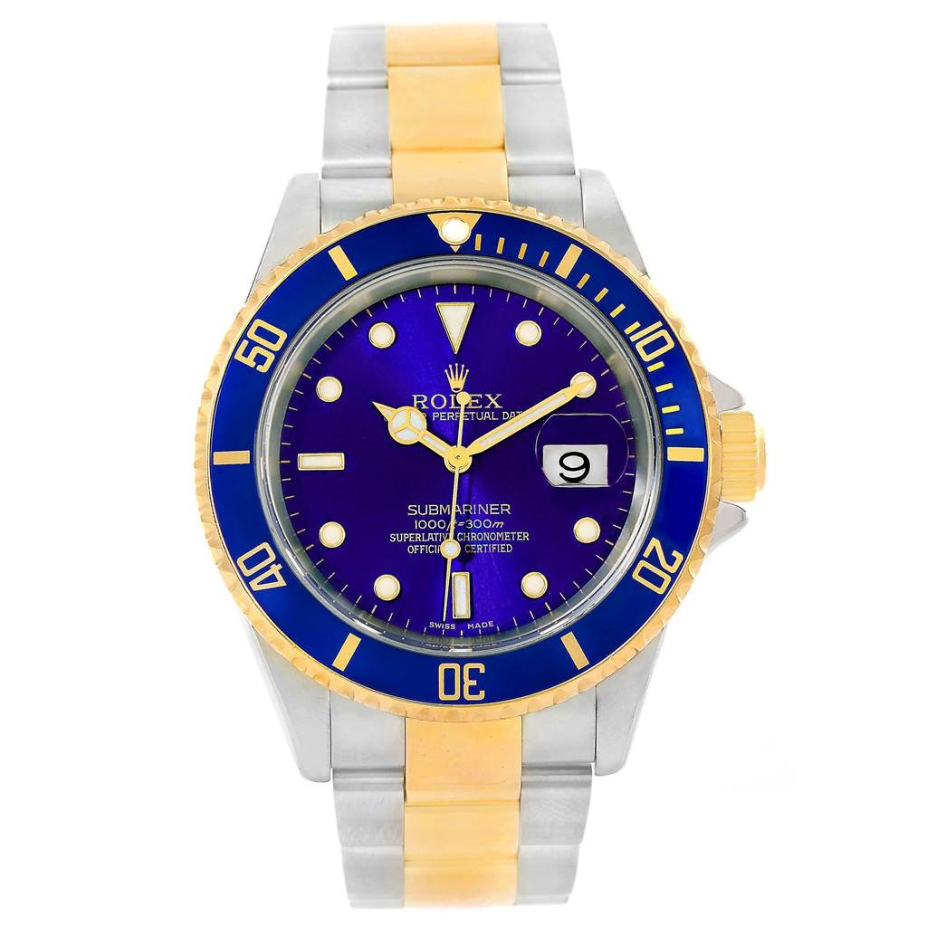 This Rolex Submariner 16613 Men's Steel and Gold (two tone) Blue Dial 16613 Men's Steel and Gold (two tone) Blue Dial watch is shown from a front angle, displaying its face, bezel, and bracelet in full view.
