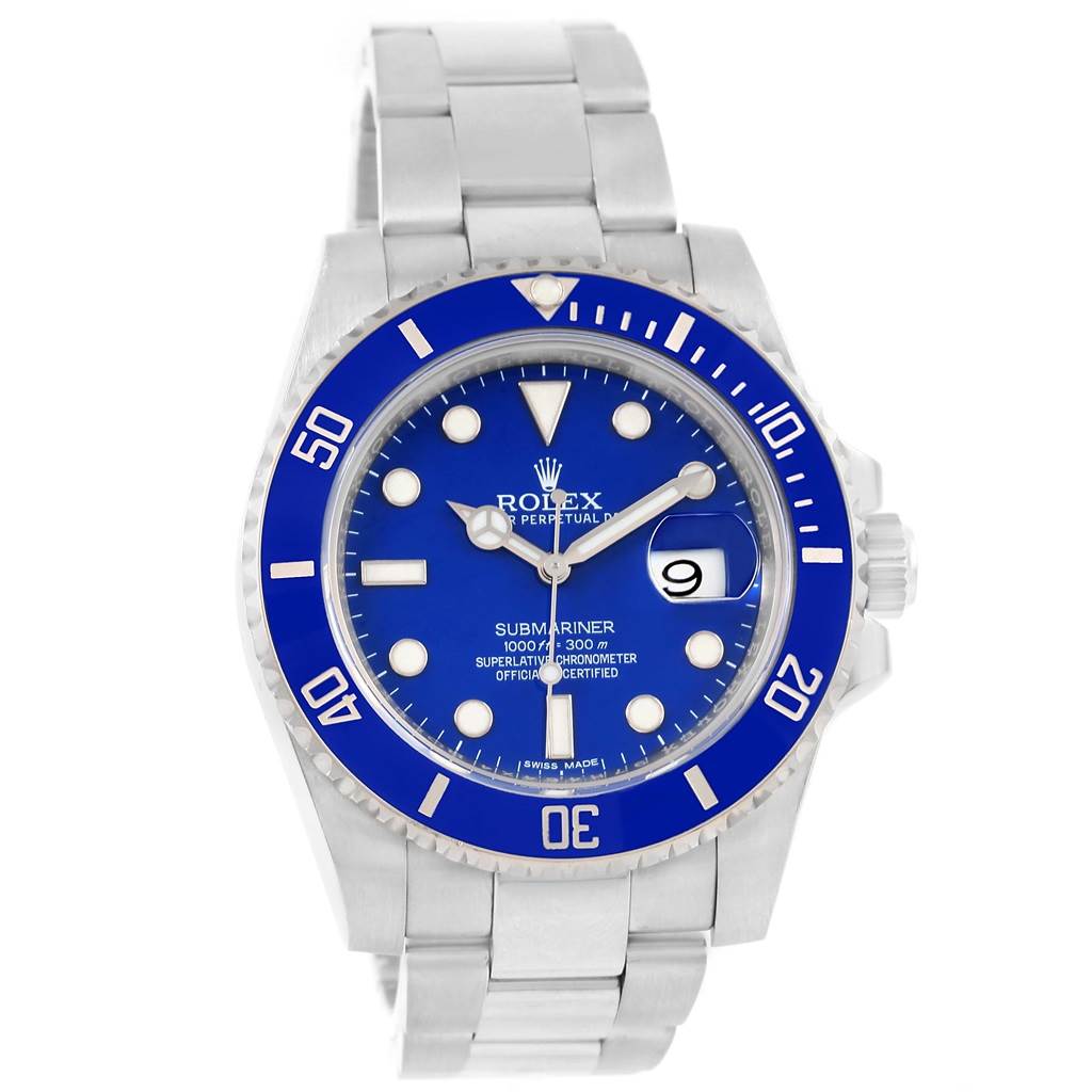 This image shows a front view of a blue Rolex Submariner 116619LB Men's White Gold Blue Dial 116619LB Men's White Gold Blue Dial watch, displaying the dial, bezel, and bracelet.