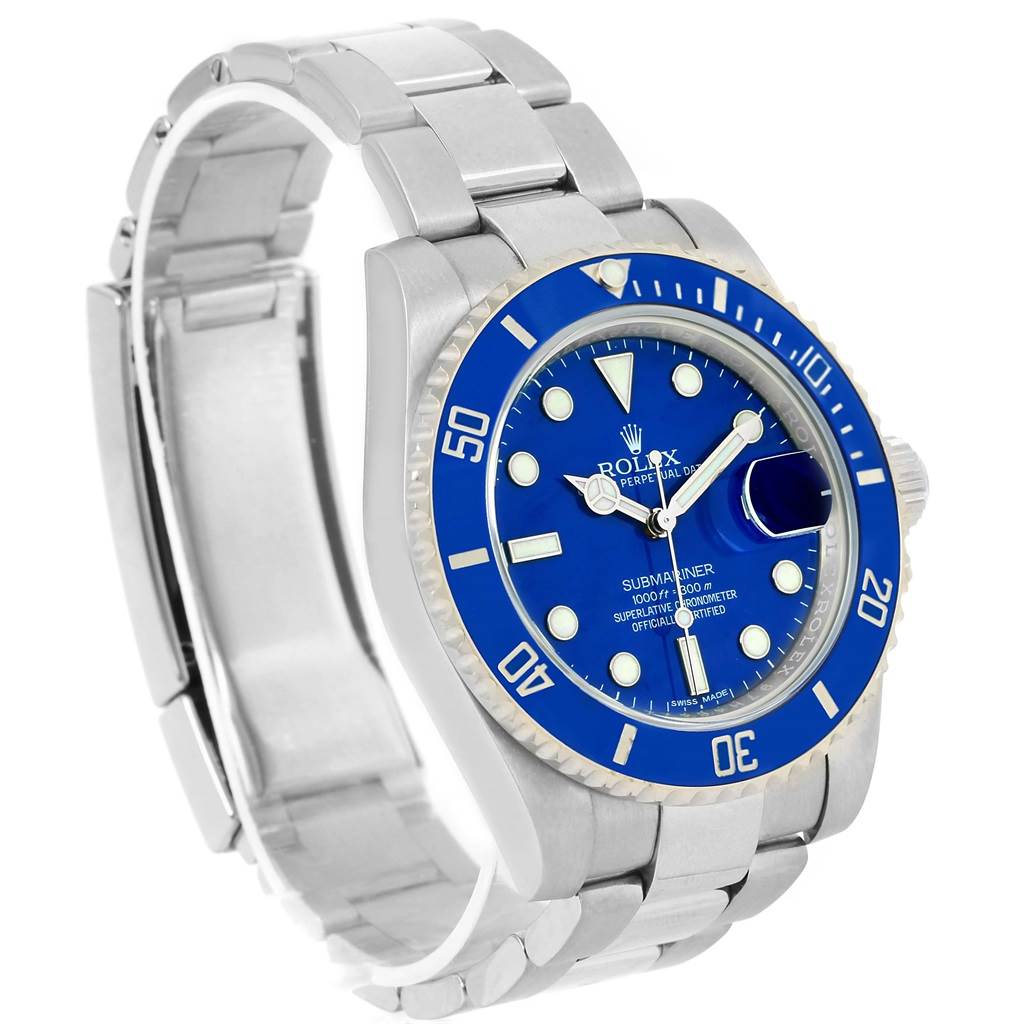 The image shows a Rolex Submariner 116619LB Men's White Gold Blue Dial 116619LB Men's White Gold Blue Dial watch at a three-quarter view, highlighting the blue dial, bezel, and metal bracelet.