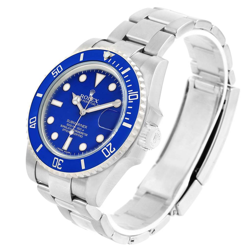 The Rolex Submariner 116619LB Men's White Gold Blue Dial 116619LB Men's White Gold Blue Dial watch is shown at a three-quarter angle, highlighting the blue dial, bezel, and stainless steel bracelet.