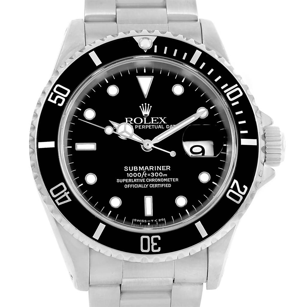 The image shows a front-facing view of a Rolex Submariner 16610 Men's Stainless Steel Black Dial 16610 Men's Stainless Steel Black Dial watch, displaying the bezel, dial, hands, and bracelet.