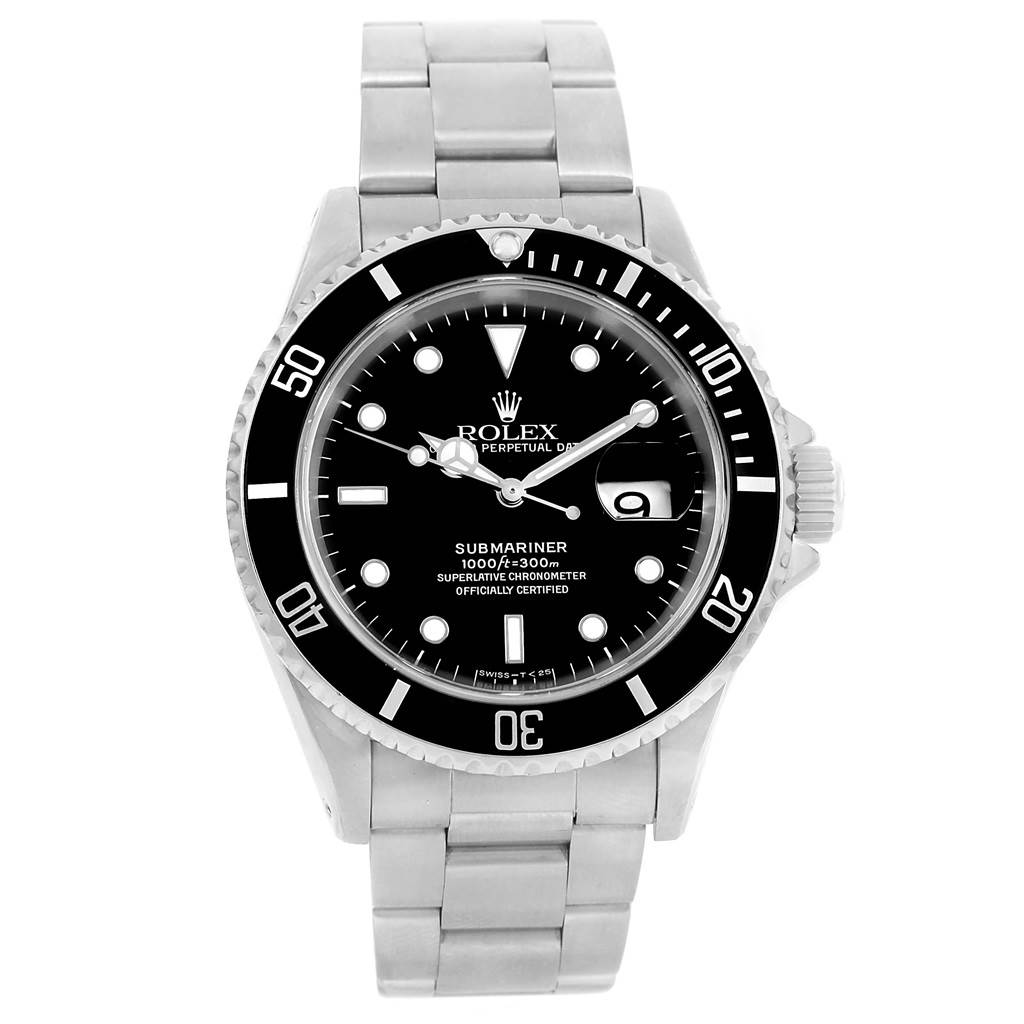 The image shows a front view of the Rolex Submariner 16610 Men's Stainless Steel Black Dial 16610 Men's Stainless Steel Black Dial watch, displaying the dial, bezel, and bracelet.