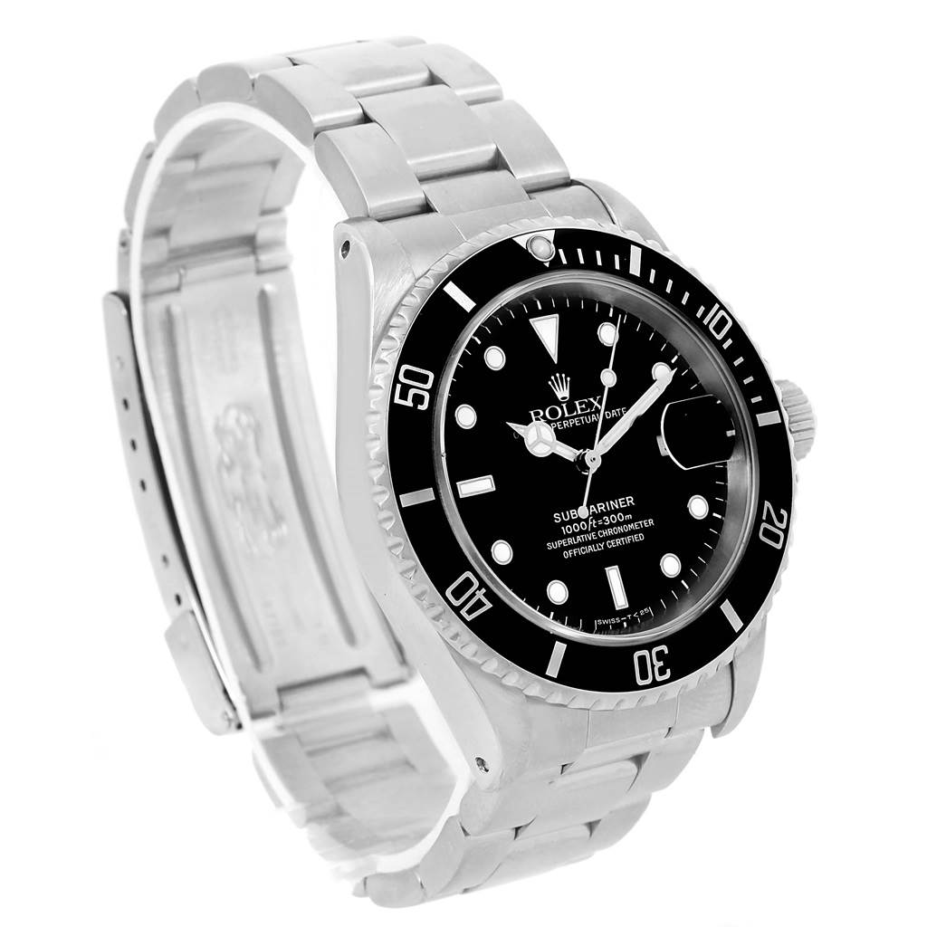 The image shows a Rolex Submariner 16610 Men's Stainless Steel Black Dial 16610 Men's Stainless Steel Black Dial watch at an angled view, displaying the face, bezel, bracelet, and clasp.