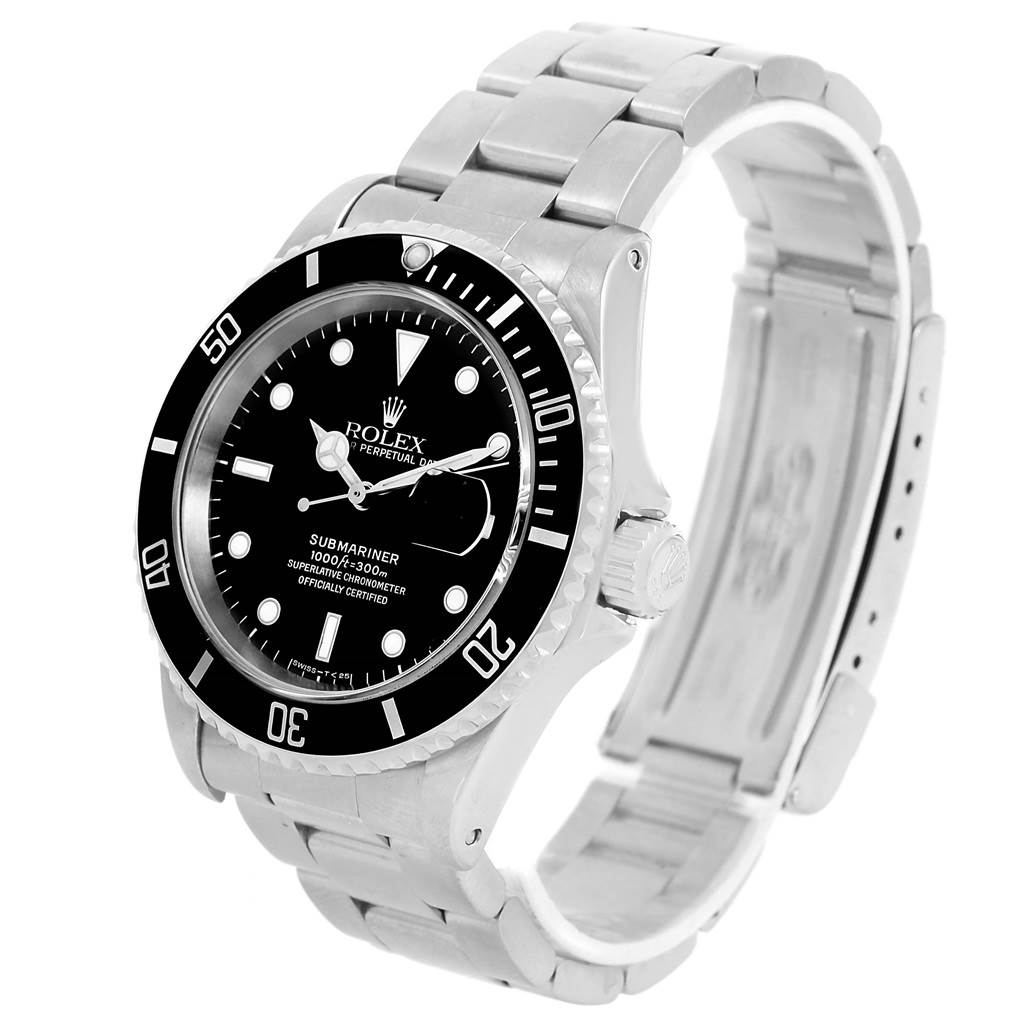 This is an angled view of a Rolex Submariner 16610 Men's Stainless Steel Black Dial 16610 Men's Stainless Steel Black Dial watch, showing the dial, bezel, bracelet, and crown.