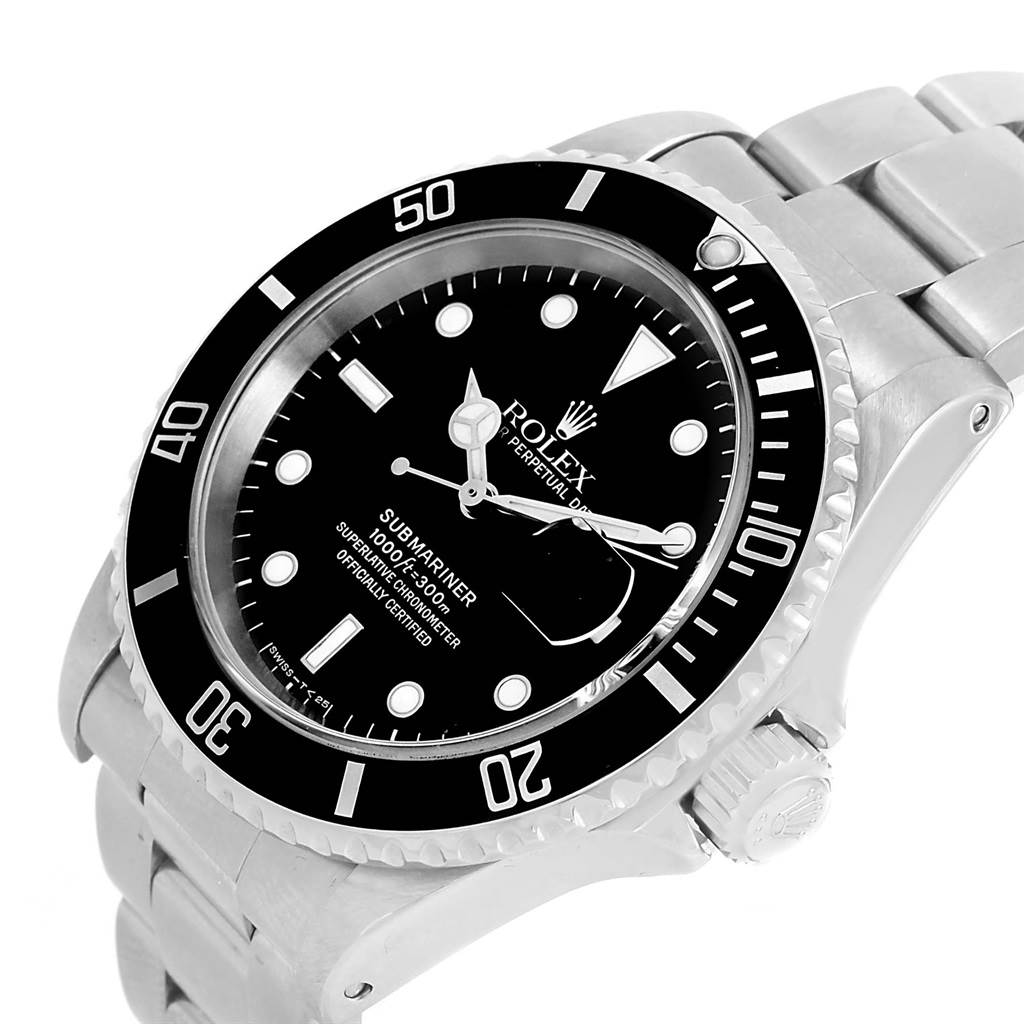 The image shows a close-up angled view of the Rolex Submariner 16610 Men's Stainless Steel Black Dial 16610 Men's Stainless Steel Black Dial watch, displaying the dial, bezel, and part of the bracelet.