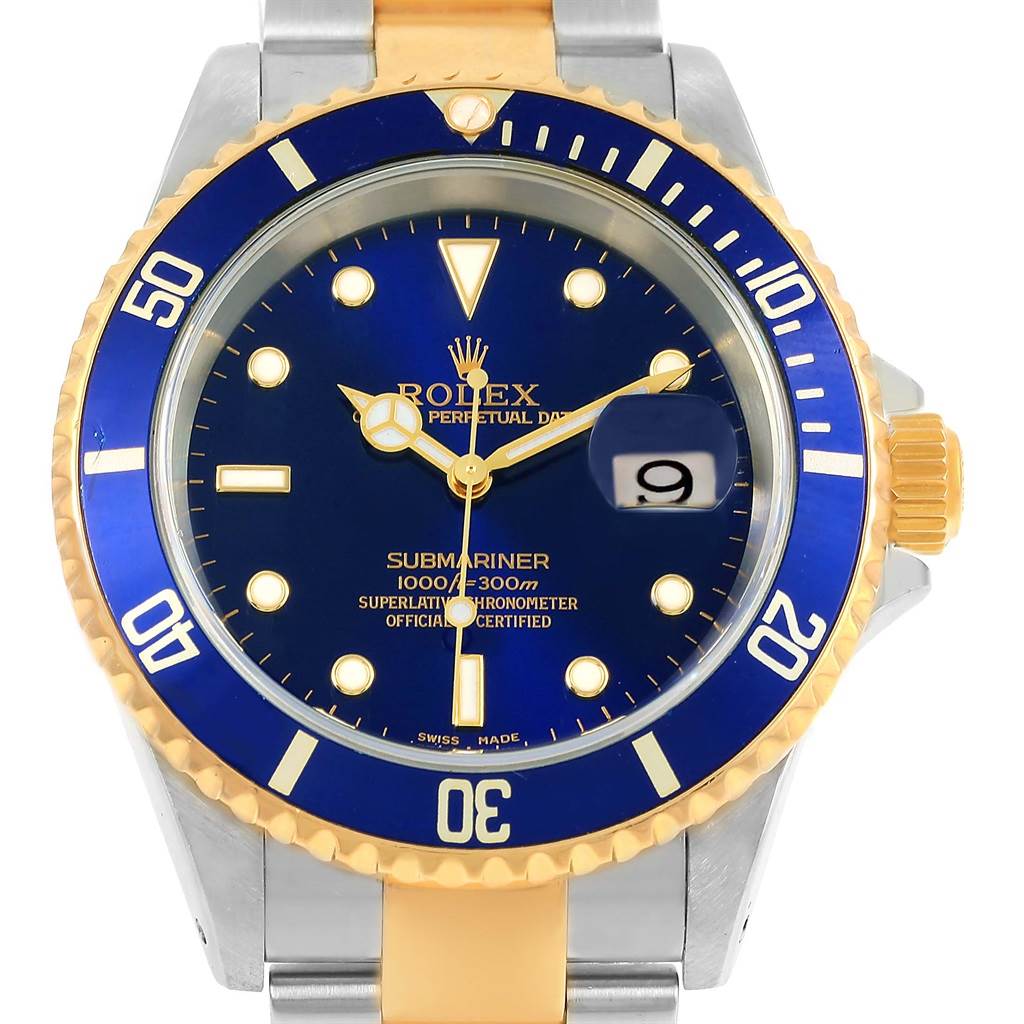 The image shows a front view of the Rolex Submariner 16613 Men's Steel and Gold (two tone) Blue Dial 16613 Men's Steel and Gold (two tone) Blue Dial watch, highlighting its blue dial, gold details, and date window.
