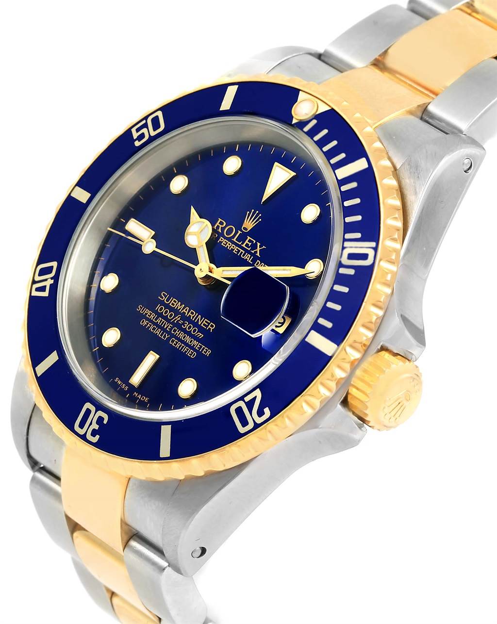 The image shows a side angle of a Rolex Submariner 16613 Men's Steel and Gold (two tone) Blue Dial 16613 Men's Steel and Gold (two tone) Blue Dial watch, highlighting the bezel, dial, crown, and part of the bracelet.