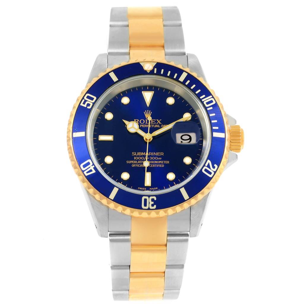 This image shows a Rolex Submariner 16613 Men's Steel and Gold (two tone) Blue Dial 16613 Men's Steel and Gold (two tone) Blue Dial watch from the front, highlighting its blue dial, blue bezel, and two-tone metal bracelet.