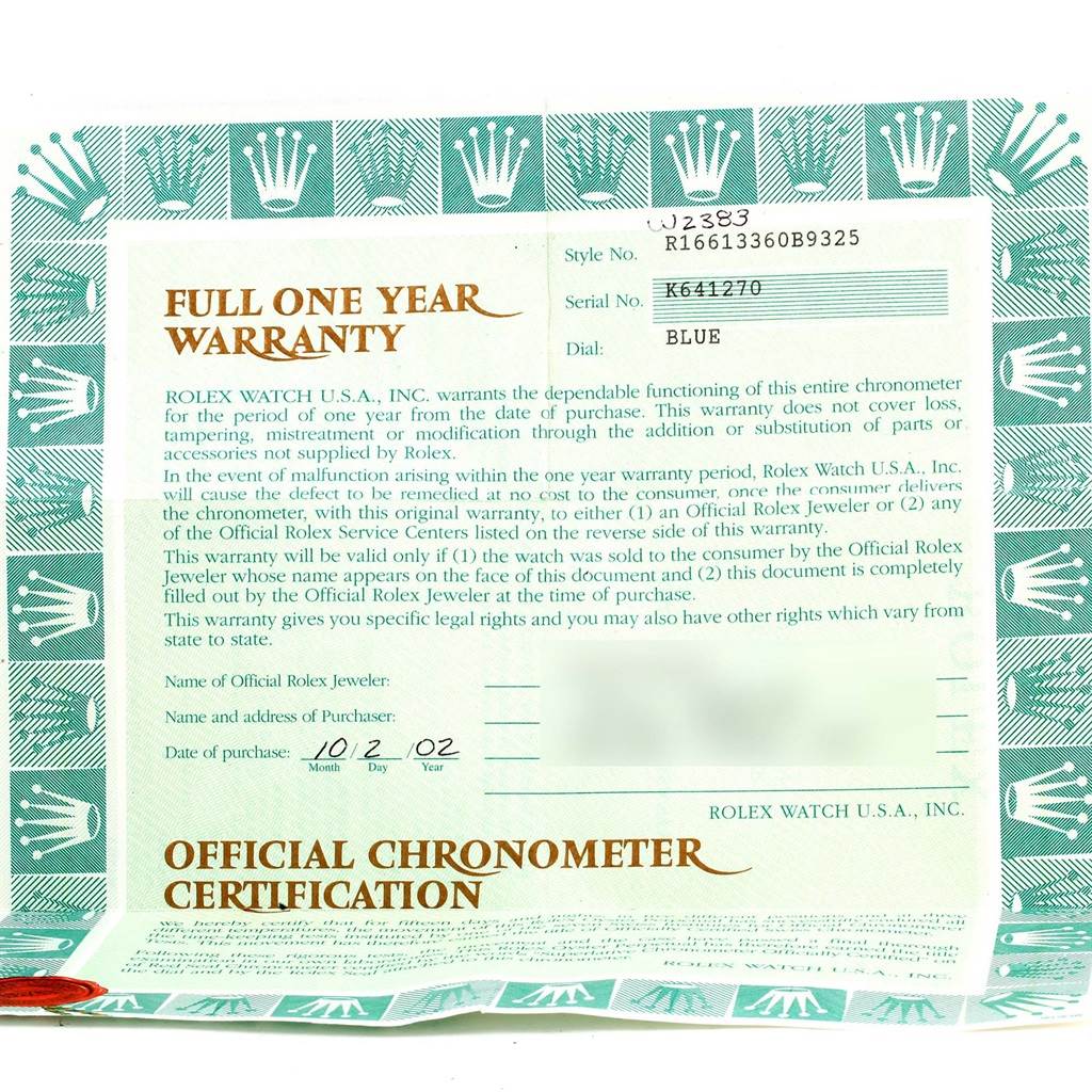 The image shows a warranty card for a Rolex Submariner 16613 Men's Steel and Gold (two tone) Blue Dial 16613 Men's Steel and Gold (two tone) Blue Dial, detailing the serial number, model number, and purchase date.
