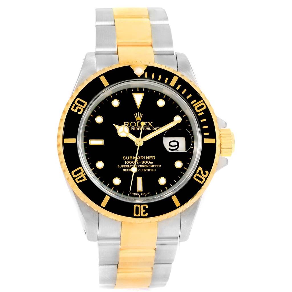 The image shows a front view of a Rolex Submariner 16613 Men's Steel and Gold (two tone) Black Dial 16613 Men's Steel and Gold (two tone) Black Dial watch with a black dial and two-tone bracelet.