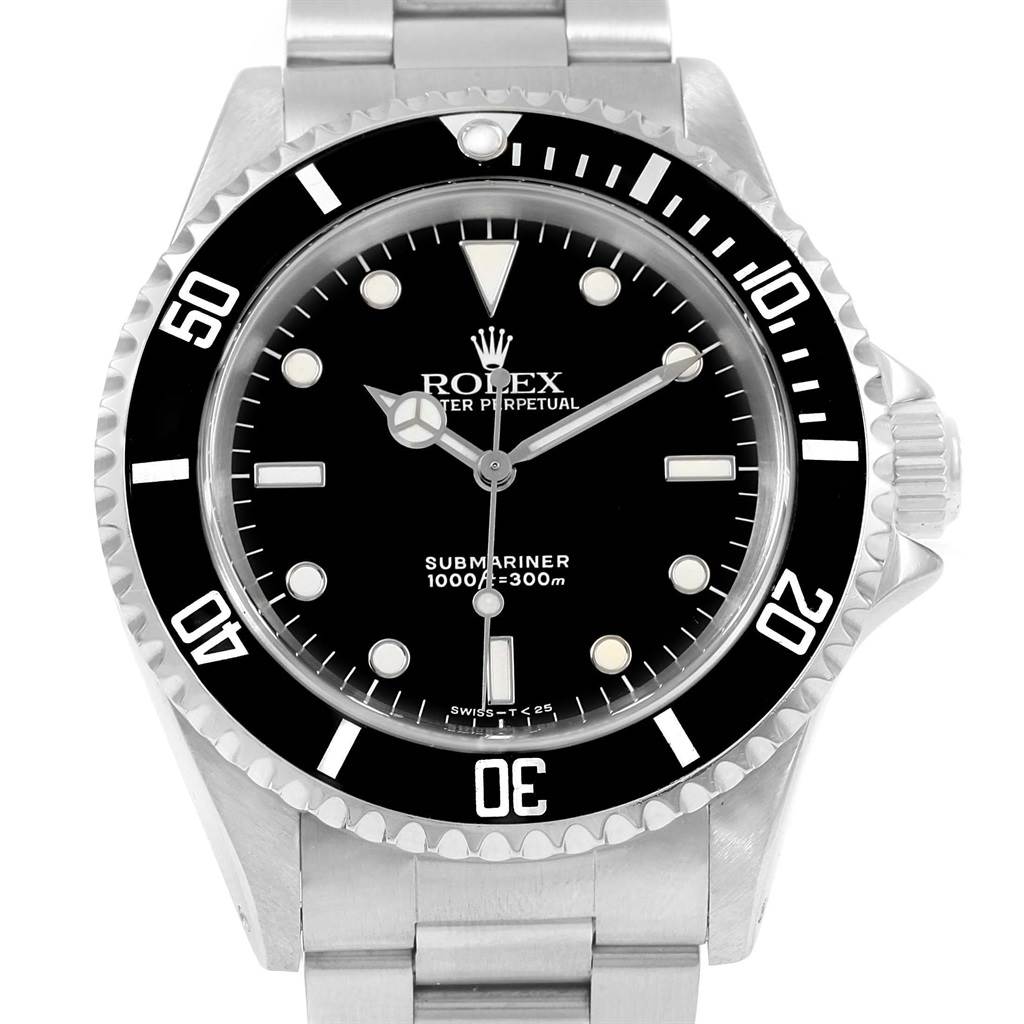 The image shows a front view of a Rolex Submariner 14060 Men's Stainless Steel Black Dial 14060 Men's Stainless Steel Black Dial watch, highlighting its bezel, dial, and bracelet.