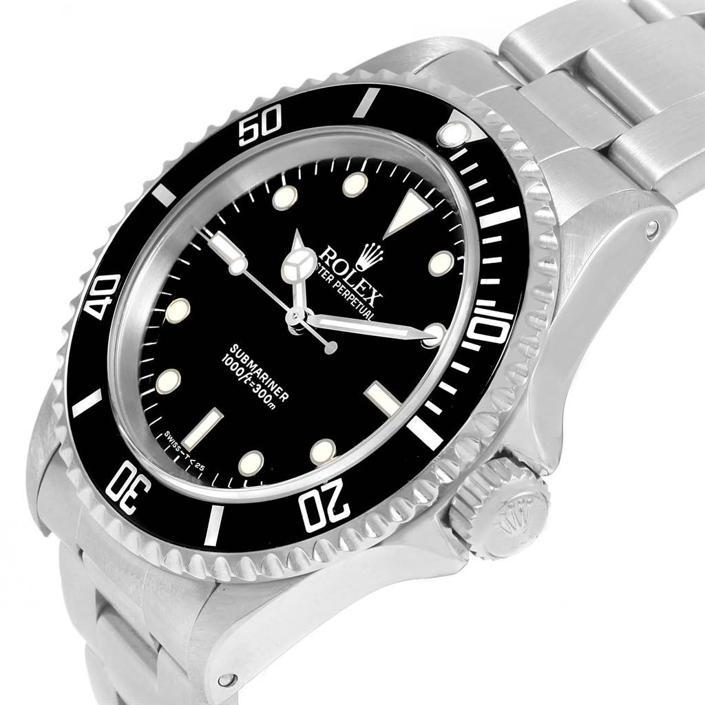 The image shows a Rolex Submariner 14060 Men's Stainless Steel Black Dial 14060 Men's Stainless Steel Black Dial watch from an angled top view, highlighting the dial, bezel, crown, and part of the bracelet.